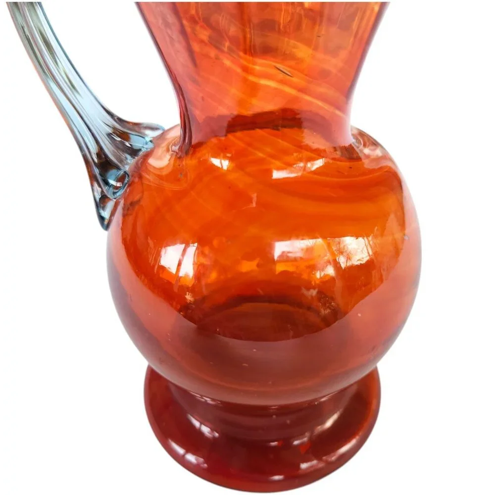 Vintage Fenton Orange Swirl Ruffled Fluted Pitcher Vase 7” x 3” Blue Tint Handle